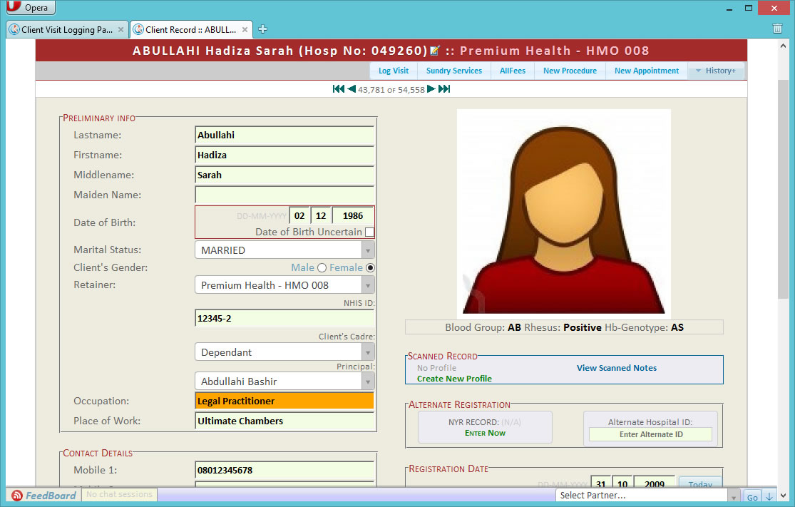 This is the biodata page, enabling the capture of the client's relevant personal information, contact details, retainer/insurance data, next-of-kin relevant information and many, many more. An ID picture may be uploaded to the profile, but can also be snapped using the webcam, live into the system.