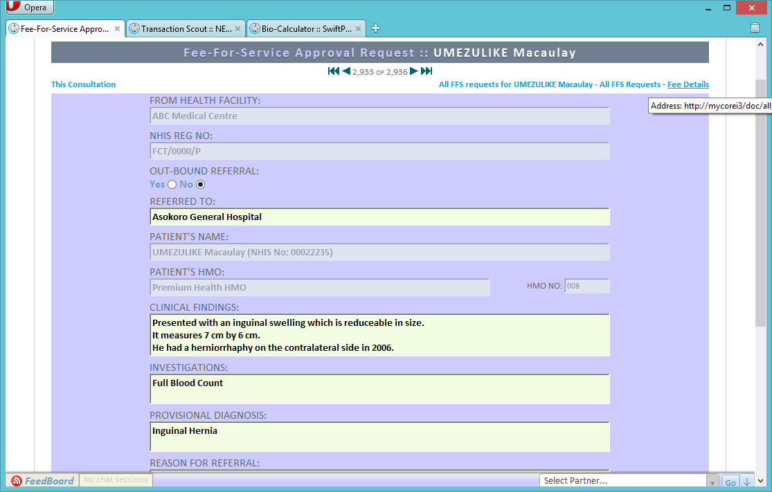 SwiftPractice EMR features a referral register that is structured to mirror the standard NHIS Secondary Care referral form, though it might well be used for general clinical referral purposes, to keep a record of such referrals. When this is an in-house NHIS secondary care referral, it can subsequently be "mail-merged" into a bill report for claims purposes.